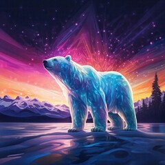A charcoal sketch of a solitary polar bear navigating the stark snowy landscape under the ethereal glow of the aurora borealis - obrazy, fototapety, plakaty