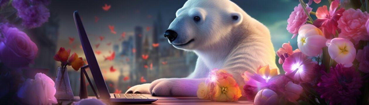A digital art piece featuring a polar bear using a tablet computer to paint calligraphy characters surrounded by blooming tulips with a bokeh effect lighting up the background