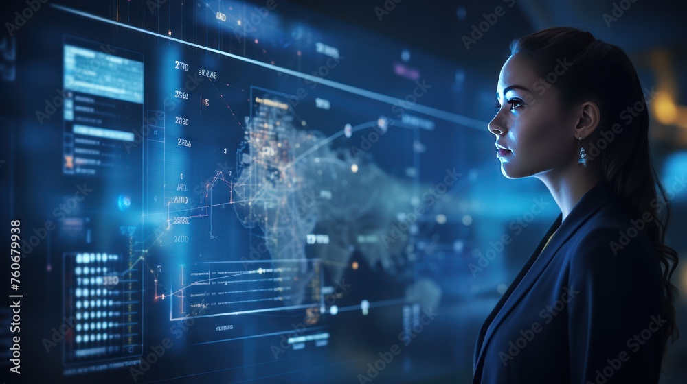 Poster  AI analyzes data and displays results. Emphasis on presenting cutting-edge technology and the benefits of AI 