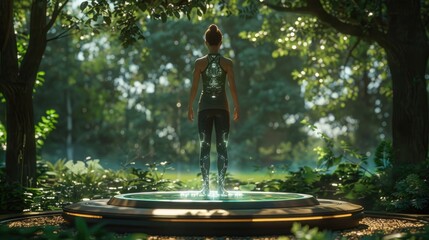 A holographic personal trainer offering tailored mental health exercises, set in a calming, virtual outdoor environment