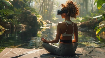 A holographic personal trainer offering tailored mental health exercises, set in a calming, virtual outdoor environment