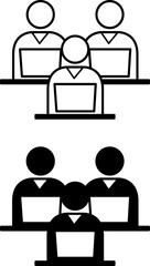 Training Icons. Black and White Vector Icons. Employees with Laptops at Advanced Training Courses. Business and Management Concept