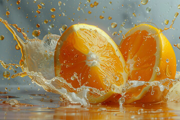 Sliced oranges with splashed water for food background. Generative AI.