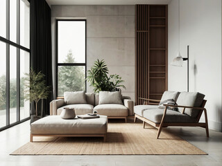 living room interior mockup, modern furniture and decorative arch with trendy dried flowers with white sofa and armchair on the White Background