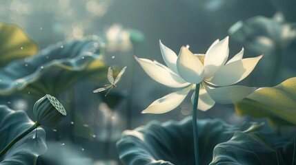 A photorealistic depiction of lotus flower, with intricate details capturing the delicate petals, accompanied by a dragonfly perched on a bud - obrazy, fototapety, plakaty
