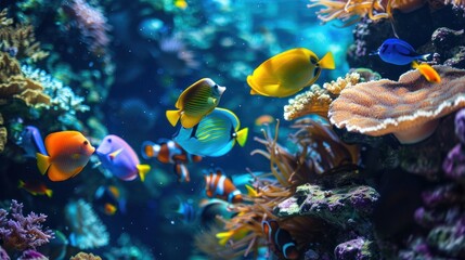 Naklejka premium Colorful sea fish swim among beautiful coral reefs. Emphasis on presenting the beauty of corals and aquatic animals. 