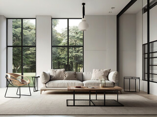 living room interior mockup, modern furniture and decorative arch with trendy dried flowers with white sofa and armchair on the White Background