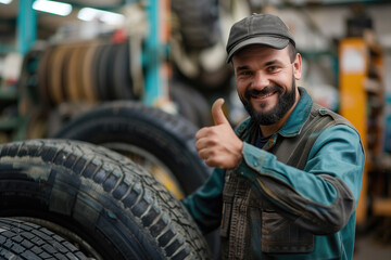 A smiling mechanic with a cap gives a thumbs-up in a tire workshop, surrounded by stacks of various tires. - obrazy, fototapety, plakaty