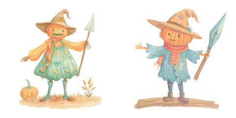 cute pumpkin head scarecrow holding dagger watercolour vector illustration