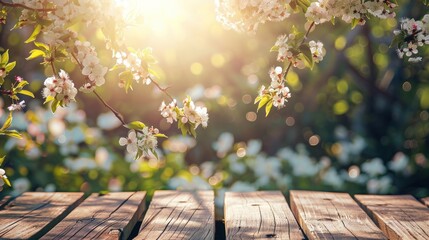  flowering branches with an empty wooden table on nature outdoors in sunlight in garden. 