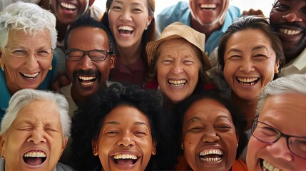 group of joyful people of different races and ages happily laughing  - obrazy, fototapety, plakaty