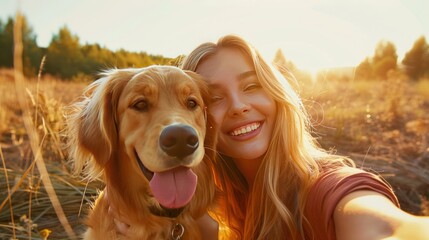 Girl taking a selfie with her pet dog 
