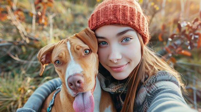 Girl taking a selfie with her pet dog 