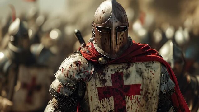 attle-worn Templar knight in chainmail armor stands solemn, his red-crossed tabard stained with the toil of combat