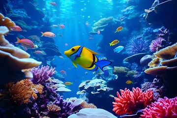 Naklejka na ściany i meble Aquarium Underwater World: A mesmerizing shot of diverse marine life in a vibrant underwater scene, perfect for ocean enthusiasts.