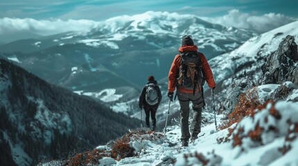  Men hiking on snowcapped mountain  - obrazy, fototapety, plakaty