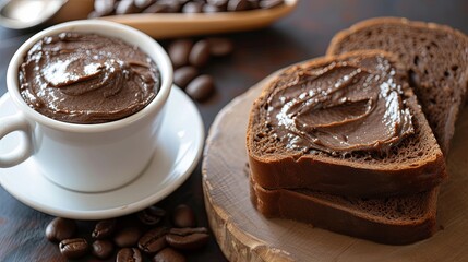 Black bread toast with chocolate paste butter breakfast. Background concept