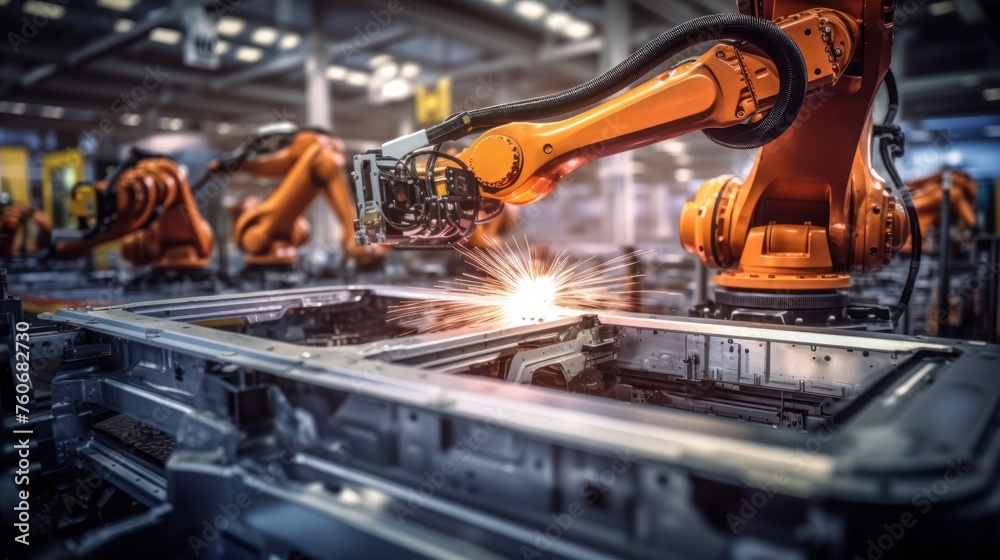 Poster  Robot working in a factory Emphasis on presenting cutting-edge technology and the impact of robots on human work 