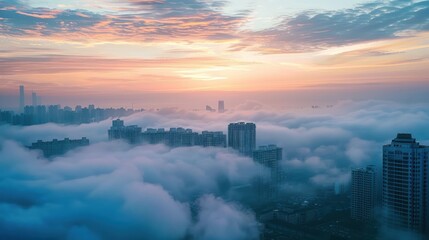 Sea of fog over the cityscape It shows a beautiful view of the city and the sea of mist. Presenting...