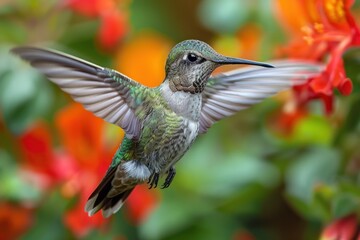 Obraz premium Elegant hummingbird hovering by vibrant orange flowers with green foliage in the background.