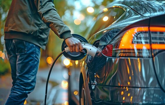 A close-up man uses a charging station to replenish the battery of an electric car in a springtime outdoor green metropolitan park. 
