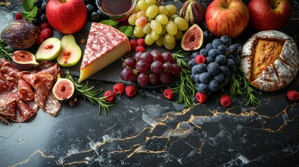 Cheese background. Beautiful assortment of cheeses and vegetables in vintage style on a marble background for design.