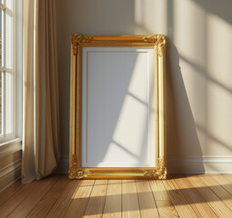 Golden Frame Mockup in a Classic Room with Curtains and Wooden Floor - Vintage Elegance with Modern Interior Touch