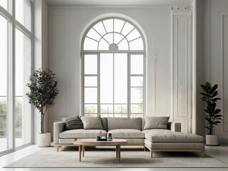 living room interior mockup, modern furniture and decorative arch with trendy dried flowers with white sofa and armchair on the White Background