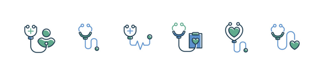 set of doctor stethoscope medical tool icon vector heartbeat pulse cardiology diagnosis check sign illustration for web and app