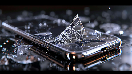 A broken smartphone lies on a reflective surface, surrounded by shattered glass. The image is dark and dramatic, with a focus on the shattered glass.