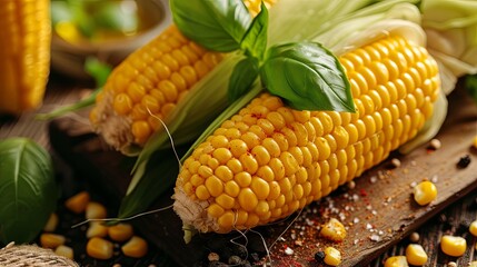 Fresh raw corn prepare with vegetables on kitchen table. Background concept