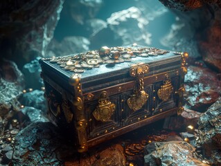 An ornate vintage treasure chest overflowing with coins, illuminated by a mysterious light, nestled among glowing rocks.
