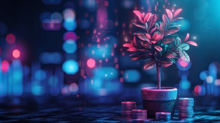 A thriving plant in a pot next to rising stacks of coins on a digital background, symbolizing economic growth and successful investment.