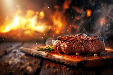 Beef steak medium rare on wooden table beside a hot fire background - obrazy, fototapety, plakaty