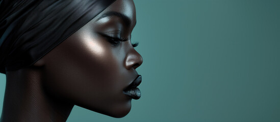 Fototapeta premium A side profile of a woman with striking features and metallic skin against a cool-toned backdrop