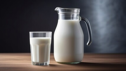 a carafe and a glass of milk on a wooden table , healthy food, a source of protein
