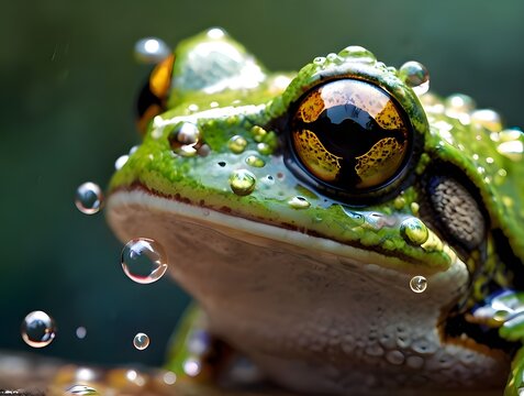 Closeup of a frog's face with bubbles surrounding it digital painting. Generative AI