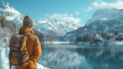 A man with a backpack admiring the view of the mountains and the lake while relaxing in winter nature.