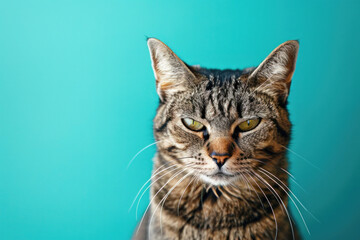 Angry cat portrait on a solid color background