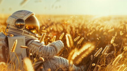 an astronaut in a white spacesuit sitting among the harvest of wheat and oats - obrazy, fototapety, plakaty