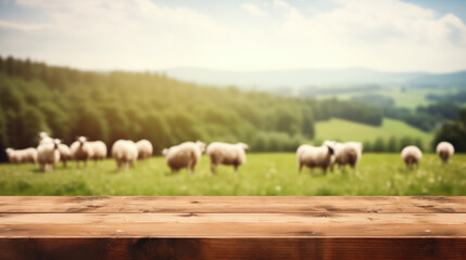 wooden table top with blur background of sheep pasture	
