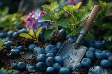 blueberry bush next to a small wooden shovel with water drops on it  and blueberries scattered around it on the ground