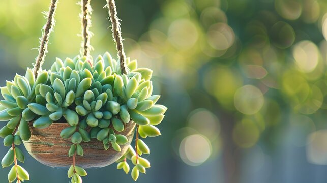 Burros tail succulent in a hanging planter a study in trailing beauty