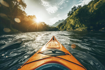 Rafting Extreme sport kayak sails mountain river - obrazy, fototapety, plakaty