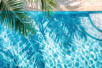 Fototapeta na wymiar Summer tropical background. Swimming pool with tropical leaf shadow