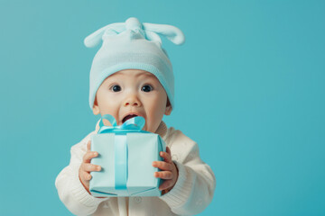 Surprised new born baby holding a gift in hands isolated solid color background