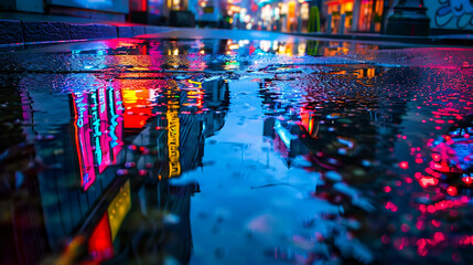 The image is a night view of a city street with a puddle on the ground.