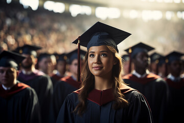 A young graduate looks forward with optimism amidst a sea of cap-wearing peers during a university commencement ceremony.
