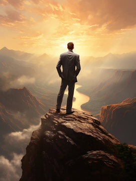 A male executive perched on a rocky cliff, gazing out at the expansive view below, signifying a leader's ability to see the bigger picture in the business world. 