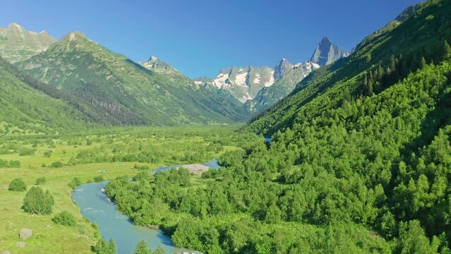 Beautiful summer landscape of river in Caucasus mountain. Aerial nature scene.